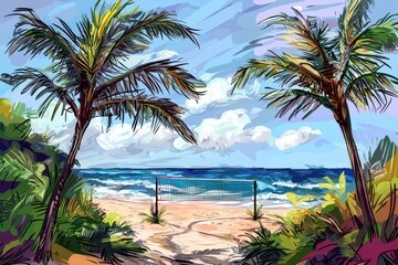 Fototapeta premium A vibrant beach scene framed by palm trees, featuring a volleyball net and a picturesque ocean backdrop.