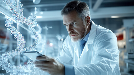 Focused scientist examining holographic DNA models.