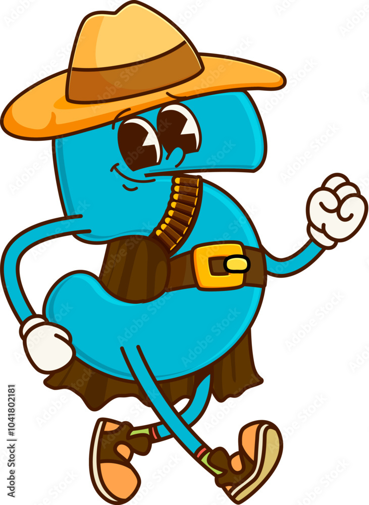 Poster cartoon groovy math number five cowboy and bandit character. isolated vector grinning 5 personage in