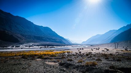 Shyok River view point on the tourist route of Leladakh, India.