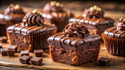 Brownie dessert with chocolate glaze and cupcakes