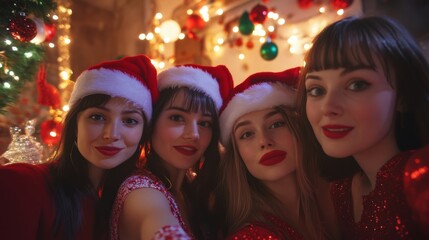Four friends in Santa hats celebrate Christmas with joy and laughter in a festive setting filled with lights and decorations.