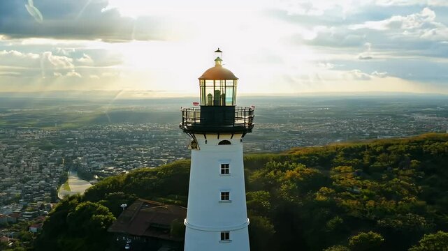 aerial footage showcases Santa Ana lighthouse perched atop Hill Guayaquil Ecuador surrounded city sunlight breaks clouds stunning 4K view sunset tropical infrastructure tree panoramic river