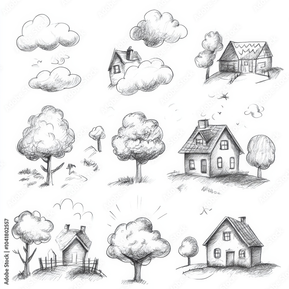 Poster delightful sketches showcase a variety of clouds, trees, and houses drawn in a playful and quick doo