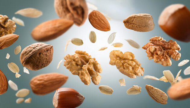 Frutos secos flotando en el aire almendras, nueces y semillas concepto de alimentaci&oacute;n, estilo de vida saludable, energ&iacute;a natural y nutrici&oacute;n equilibrada, sobre fondo azul