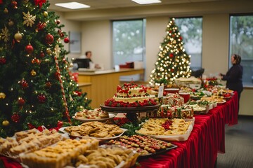 Beautifully decorated office space for a festive Christmas party with holiday foods and cheerful employees
