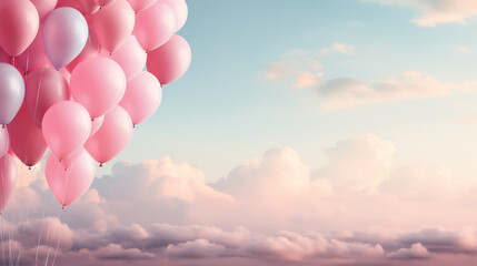 Fototapeta premium Pink balloons floating above soft pastel clouds. Birthday banner or card with empty copy space for text