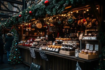 Charming Christmas market stall offering coffee, festive sweets, and holiday decorations