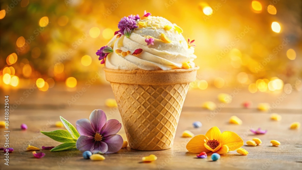 Poster a single scoop of vanilla ice cream topped with colorful flowers in a waffle cone, resting on a wood