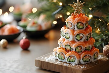Creative sushi roll Christmas tree centerpiece in a festive Japanese restaurant setting with fresh ingredients