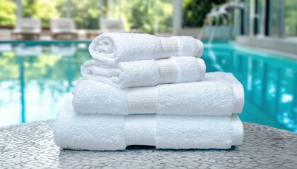 A stack of white towels on a table beside a tranquil pool, suggesting relaxation and leisure.