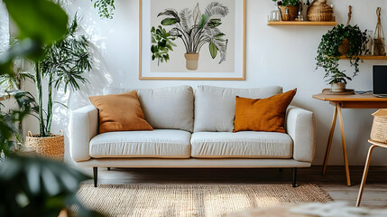 Living Room Design with White Sofa and Natural Elements