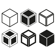 Cube icons. Geometric box shapes. Isometric black and white. Vector illustration.