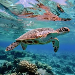 Obraz premium a sea turtle swimming in the water