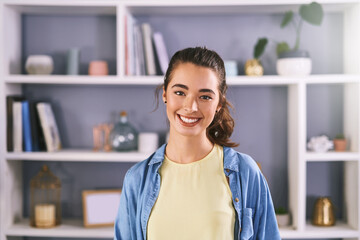 Happy, relax and portrait of woman in home with calm for weekend morning in living room. Smile, confident and female person from London with leave day or break for peace in lounge at apartment.