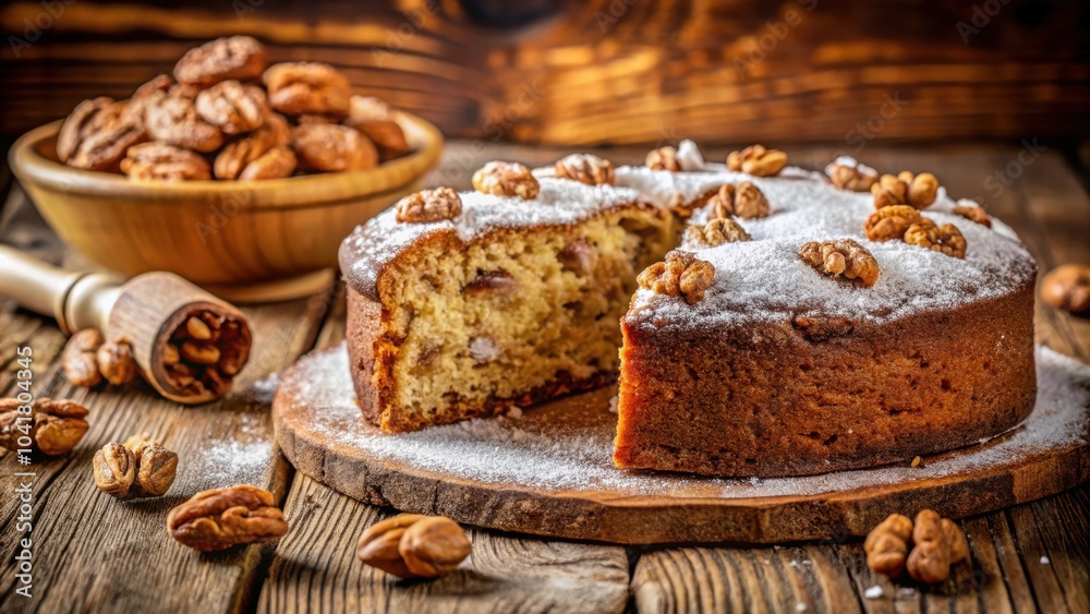 Poster a slice of homemade walnut cake dusted with powdered sugar, served on a wooden board surrounded by p
