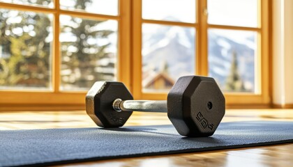 A dumbbell rests on a yoga mat in a sunlit room, with mountains visible through large windows, suggesting a fitness and wellness environment.