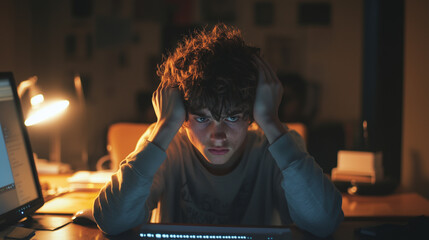 A teenager looking frustrated while working on a computer, messy desk, low light with a focus on the face, expressive hands holding the head, showing feelings of overwhelm and stress