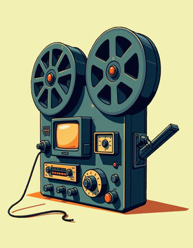 vintage film projector, teal, yellow background clip art preview