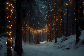 Snow-covered forest with glowing Christmas lights hanging on trees, magical winter night atmosphere
