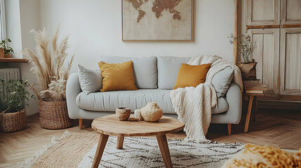 Cozy Living Room Decor with Wooden Table and Grey Sofa