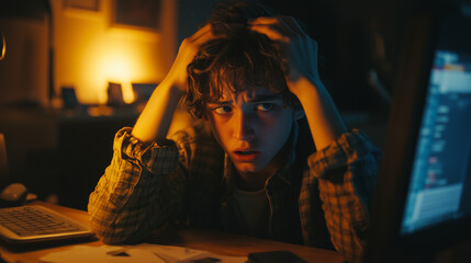A teenager looking frustrated while working on a computer, messy desk, low light with a focus on the face, expressive hands holding the head, showing feelings of overwhelm and stress