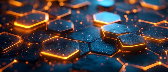 Naklejka premium Glowing Hexagonal Geometric Shapes on Dark Blue Digital Technology Backdrop
