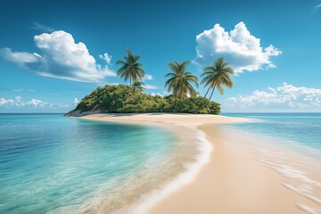Small tropical island with sandy beach and palm trees