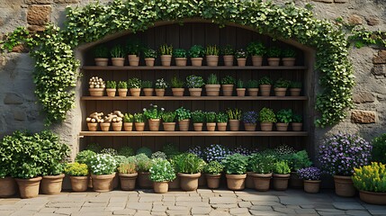 Naklejka premium A stone wall with an arched doorway, filled with shelves holding potted herbs. The shelves are made of wood and are decorated with a variety of herbs, including basil, rosemary, thyme, and oregano. 