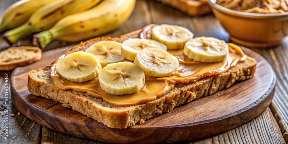 Poster Peanut butter and banana toast on wooden board with additional toast and bananas in the background