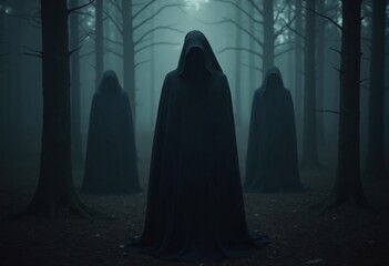 Mysterious Hooded Figures in a Dark Forest
