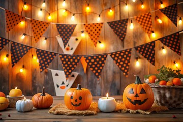 Obraz premium Colorful Halloween Decorations with Orange and Black Banners for Kids' Celebration