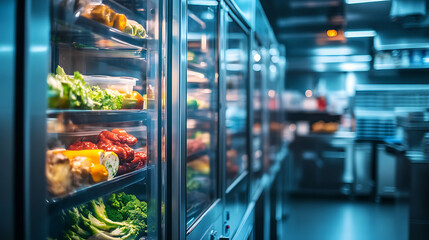 Fresh vegetables and fruits are displayed in refrigeration chamber with glass doors, showcasing variety of colorful produce in modern kitchen setting. cool ambiance enhances freshness of items