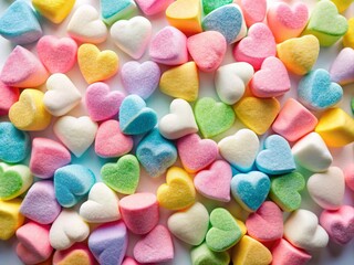 Colorful Heart-Shaped Marshmallows on White Background - Aerial Photography for Sweet Treats and Desserts