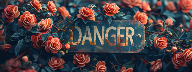 A weathered 'Danger' sign surrounded by vibrant orange roses, creating a striking contrast of beauty and caution.