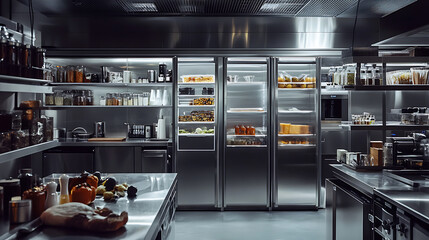 modern kitchen featuring stainless steel appliances, organized shelves, and gourmet ingredients. ambiance is sleek and professional, ideal for culinary creativity