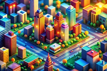 Colorful Isometric City Map Design for Urban Travel Business with Bokeh Effect