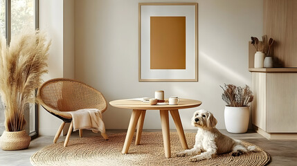 Cozy Living Room with Dog, Chair, and Table