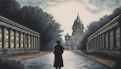 street of BERLIN in 1880 with a figure with black overcoat looking toward REICHSTAG