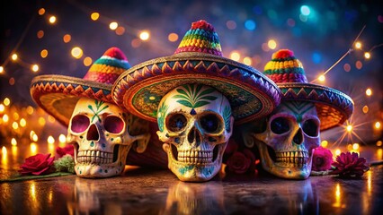 Colorful Night Photography of Three Decorative Skulls Wearing Vibrant Sombreros