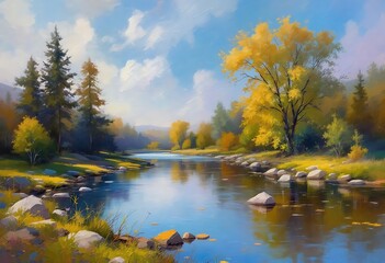 Obraz premium Colorful Autumn River Scene Painting