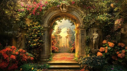 Fototapeta premium Stone archway adorned with carvings vibrant plants surrounding it under soft light