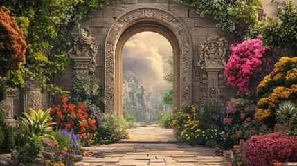 Fototapeta premium Ornate stone archway into an agora adorned with carvings and surrounded by flowers
