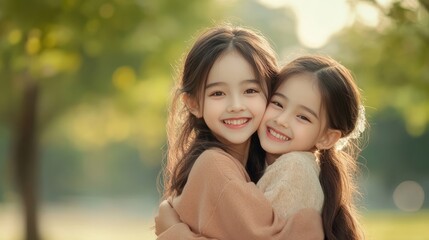 Obraz premium Two young women share a warm embrace, smiling joyfully outdoors in soft autumn sunlight, surrounded by golden bokeh foliage. 