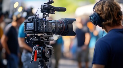 A man is filming a scene with a camera