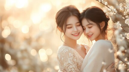 Fototapeta premium Two young women share a warm embrace, smiling joyfully outdoors in soft autumn sunlight, surrounded by golden bokeh foliage. 