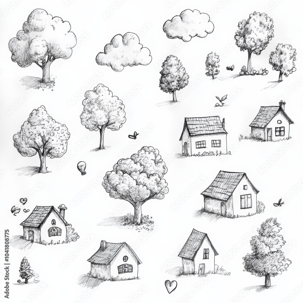 Aufkleber a collection of hand-drawn doodles featuring playful trees, houses, and clouds created in a lighthea