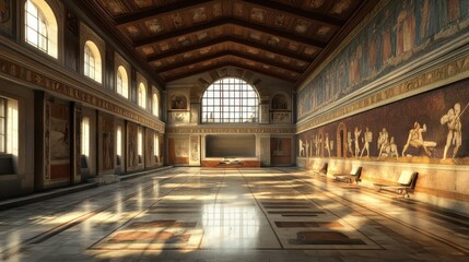 Obraz premium Interior of a gymnasium with polished floors and ancient murals under soft lighting