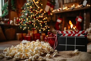Cozy Christmas scene with a tree, popcorn, and a film clapperboard on a festive setting.