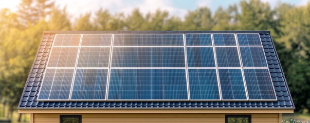 A solar panel array catches sunlight on a roof, showcasing renewable energy technology amidst a serene outdoor setting.